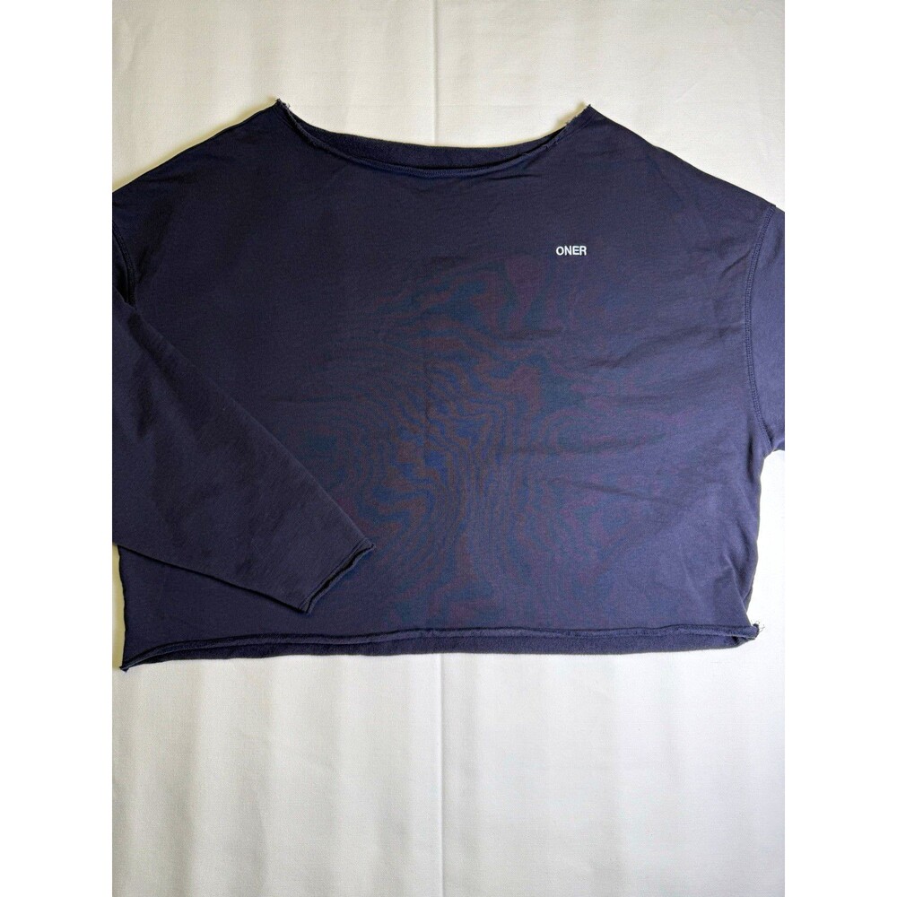 ONER Women's XL Navy Solid Cotton Boat Neck Long Sleeve Cropped Top